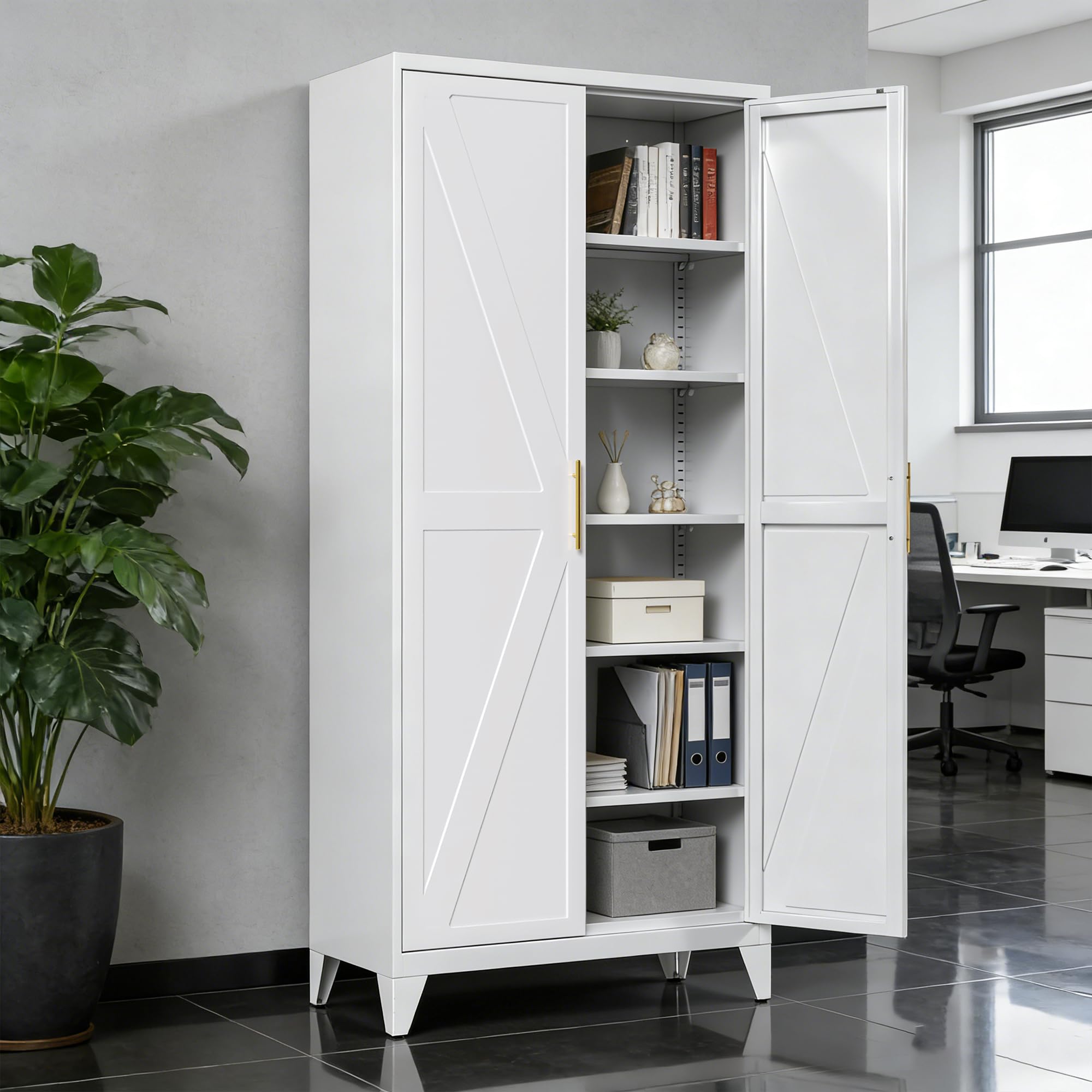 75inch H Metal Pantry Cabinet, Kitchen Pantry Storage Cabinets With 5 Adjustable Shelves, For Home, Required Assembly, White
