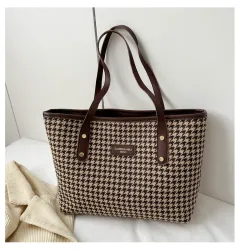 Houndstooth Shoulder Bag Winter Fashion Commuting Handbags WOmen Large Capacity Totes Casual Shopping Bag - Brown - View 1