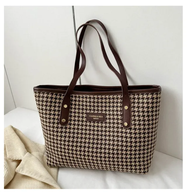 Houndstooth Shoulder Bag Winter Fashion Commuting Handbags WOmen Large Capacity Totes Casual Shopping Bag Brown - Shop at LoveMi