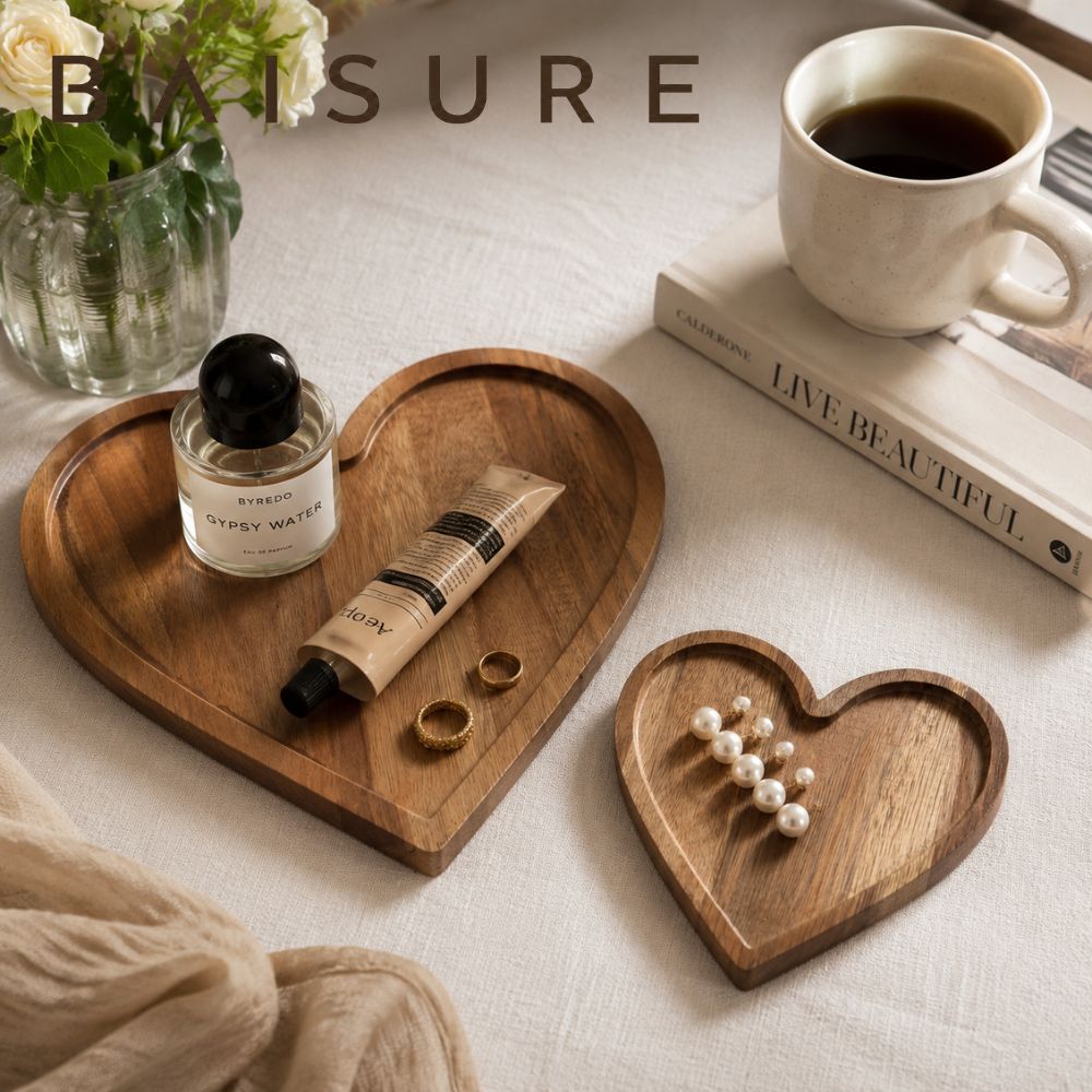 Heart-Shaped Solid Wood Tray Desktop Decorative Wooden Dish Large & Small Set