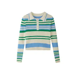 Contrast Stripe Button Lapel Sweater Long Sleeves - Beige - View 1