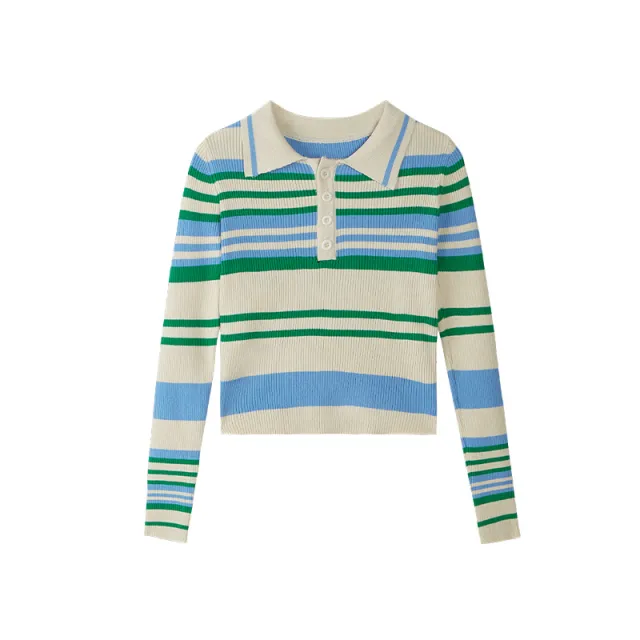 Contrast Stripe Button Lapel Sweater Long Sleeves Beige - Shop at LoveMi