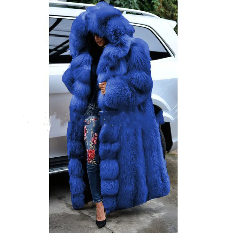 Faux Fur Coat Women Long Hooded Fur Coat - Blue
