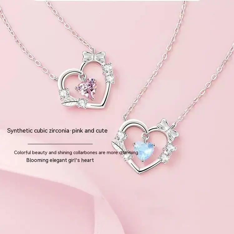 Girls' Sterling Silver Pink Heart Clavicle Chain Light Luxury Minority Temperament Wild