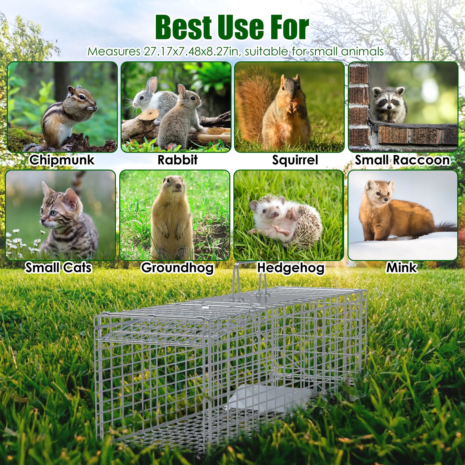 Live Animal Trap Cage 27x7.5x8in Folding Catch And Release Steel Humane Cat Trap For Racoons Stray Cats Rabbits Beavers Hedgehogs Chipmunk Small Animals