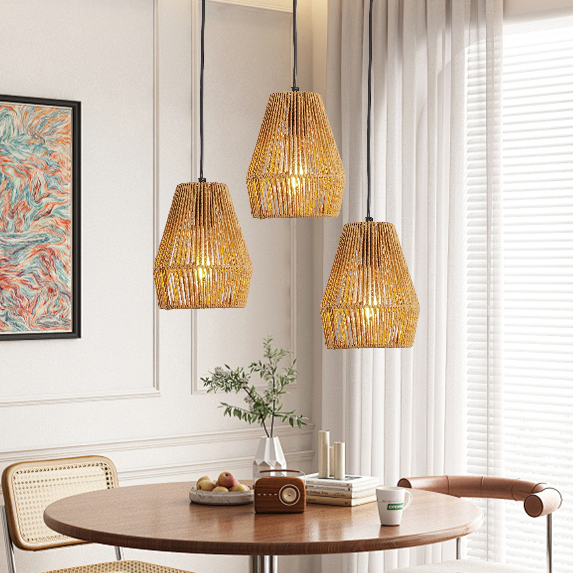7inch Set Of 3 Rustic Hemp Rope Pendant Light, Handcrafted Farmhouse Hanging Light Fixture, Adjustable Height Ceiling Lamp For Kitchen Island, Dining Room,Or Living Room, Natural Woven Design