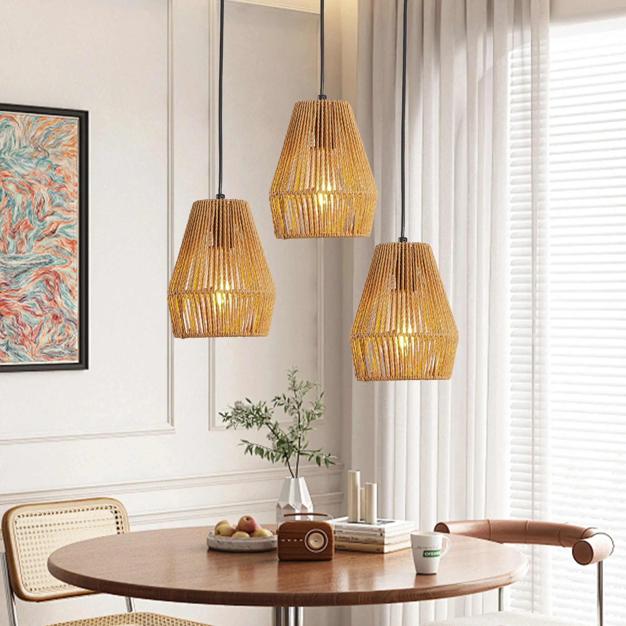 7inch Set Of 3 Rustic Hemp Rope Pendant Light, Handcrafted Farmhouse Hanging Light Fixture, Adjustable Height Ceiling Lamp For Kitchen Island, Dining Room,Or Li