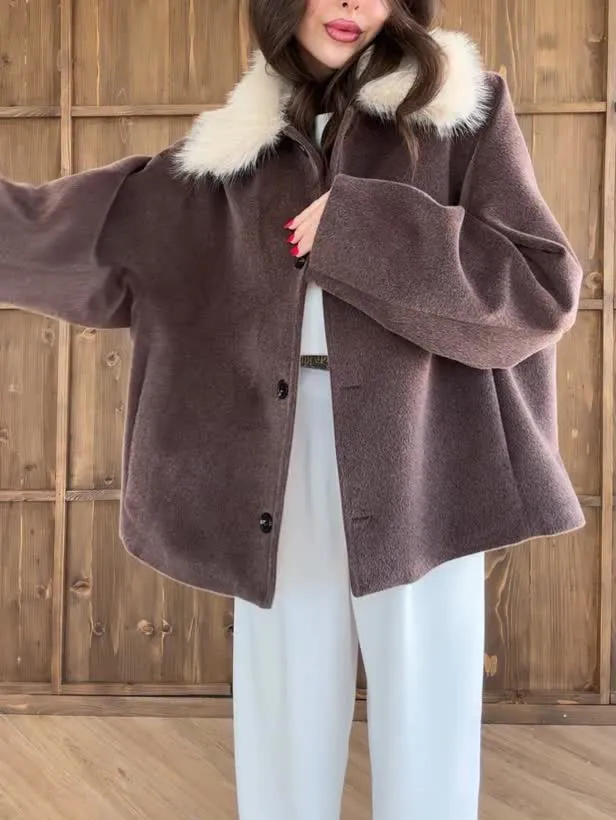 Brown Oversized Coat With White Faux Fur Collar Brown - Shop at LoveMi