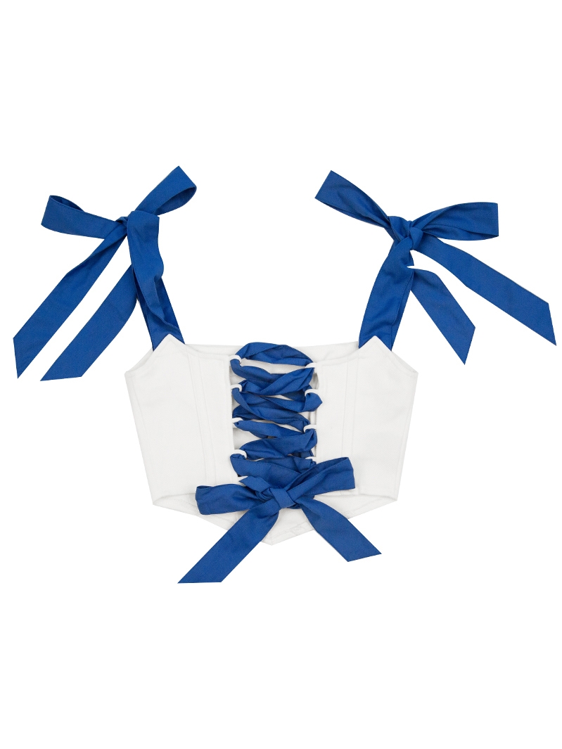 Women's Vintage White Denim V-Tie Backless Corset