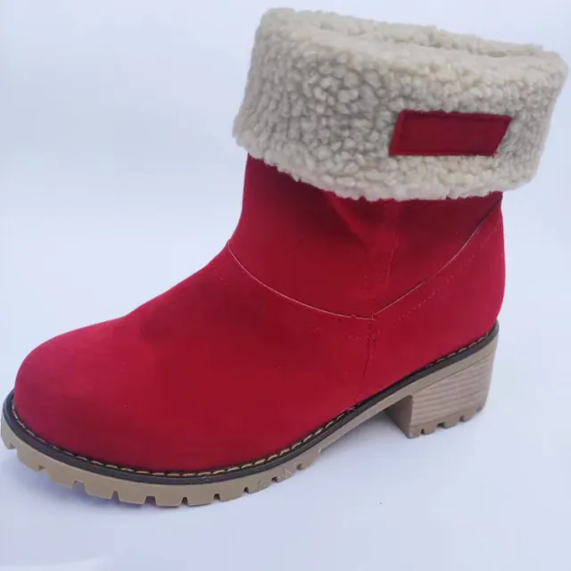 Suede Ankle Boots Adjustable Foldable Mid Calf Boot Winter Flock Square Heels Shoes Fashion Plush Warm Platform Non Slip Shoes Red - Shop at LoveMi