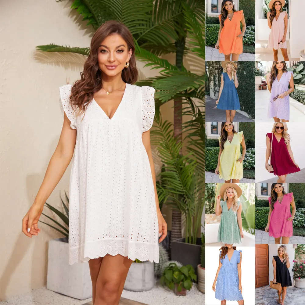 Lace Dresses with Pocket Summer Sleeveless Jacquard Cutout V-Neck