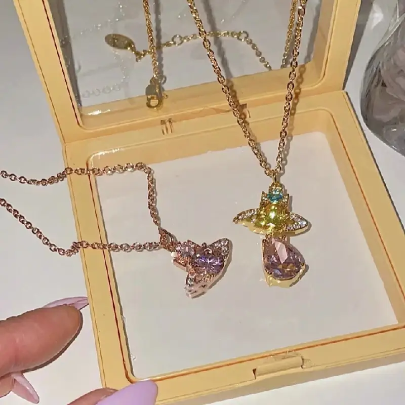 Western Empress Dowager Saturn Light Luxury Color Diamond Zircon Necklace