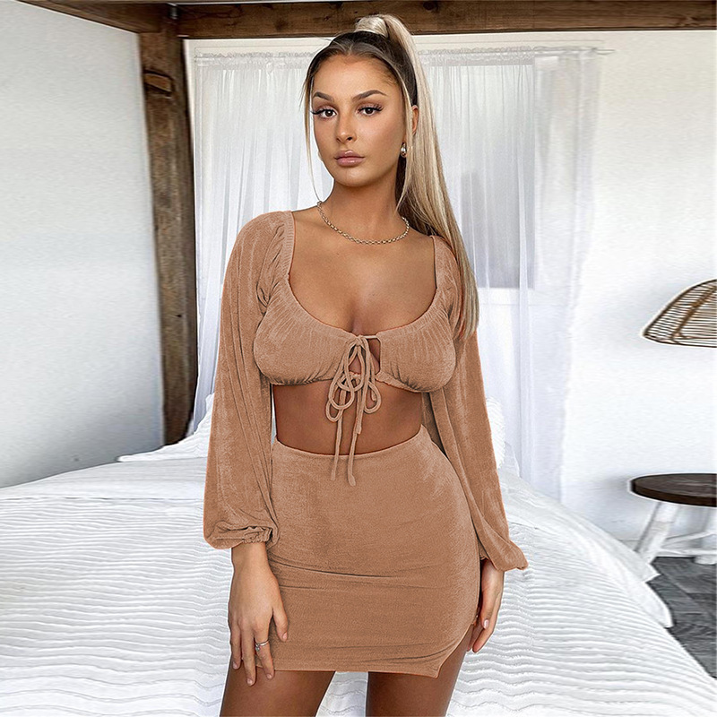 Women's Two Piece Square Neck Tie Long Sleeve Cropped Top