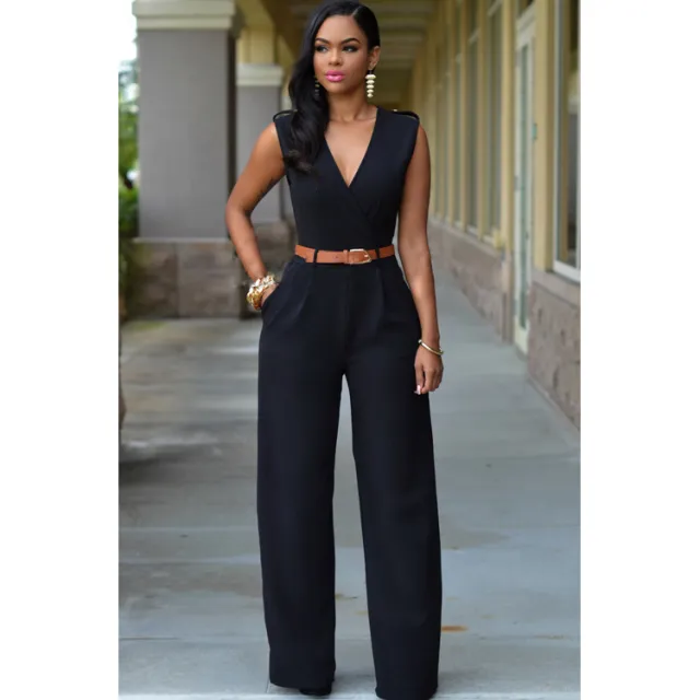 High Waist V neck Wide leg Pants Irregular Suit With Belt Black - Shop at LoveMi