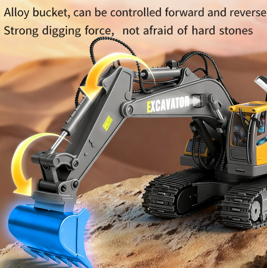 Three-in-one Aluminum Alloy Toy Excavator, 13 Channels, Comes With Three Replacement Heads. 1 24 High-reduction Simulation, LED Lights, Realistic Sound Effects, Can Run For 25-30 Minutes