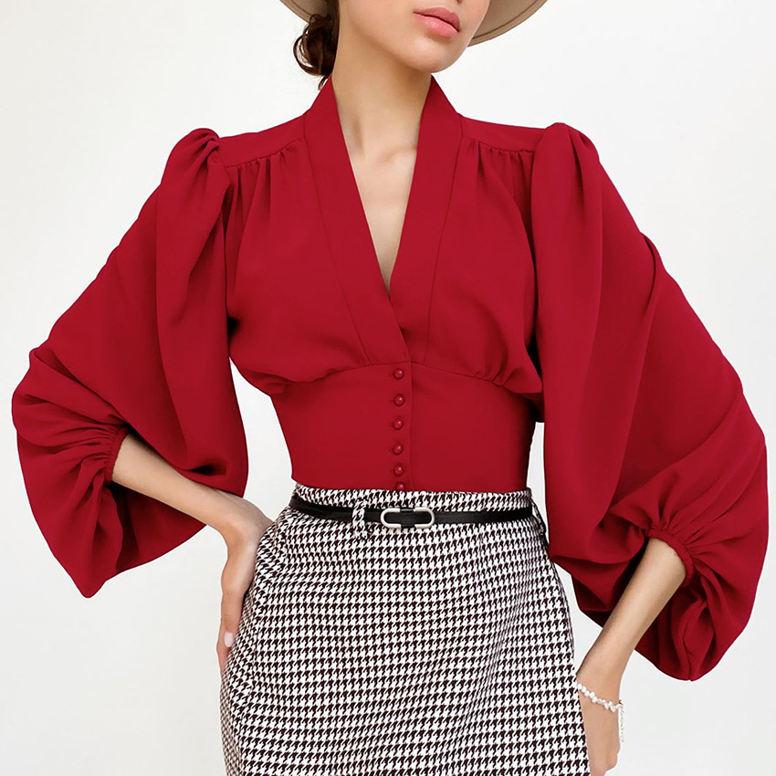 OOTN Elegant White Blouse Women Shirt Top Female Tunic V Neck Button Down Chic Casual Wine Red Blouse Lantern Sleeve Ladies