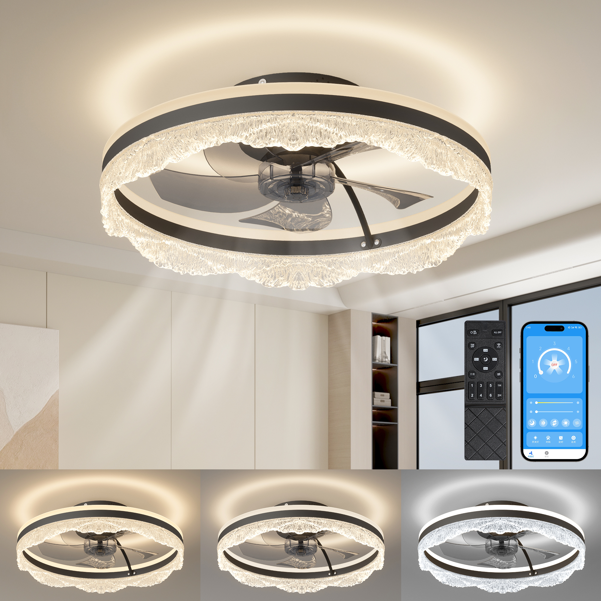 20 Smart Silent Ceiling Fan With Light  Crystal Flush Mount LED Fan Lamp With Hidden Blades And Natural Airflow System, Designed For Bedroom, Kids' Room And Study - Image 1