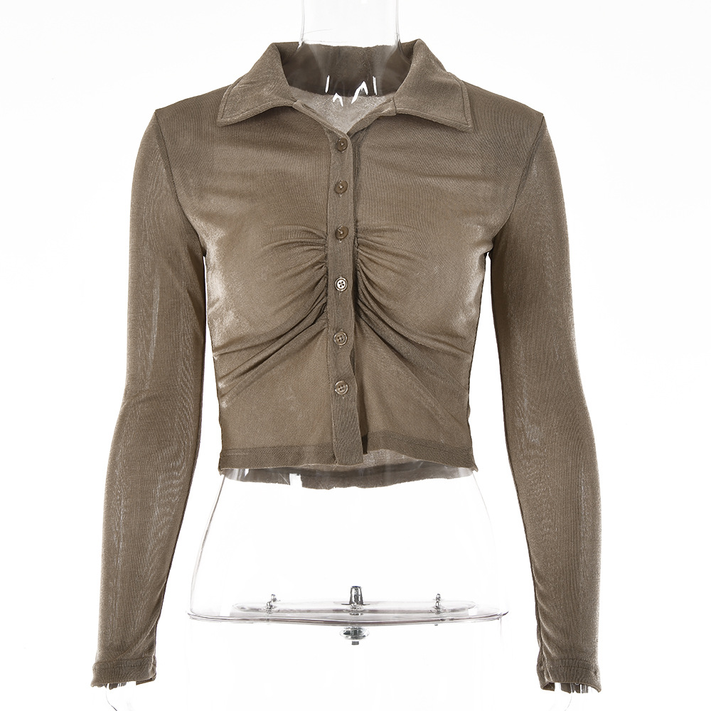 Vintage Cardigan Pleated Single Breasted T-Shirt Solid Color