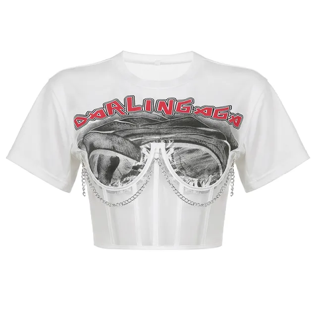 Metal Chain Mesh Print Fake Two Piece Punk Crop Top White - Shop at LoveMi