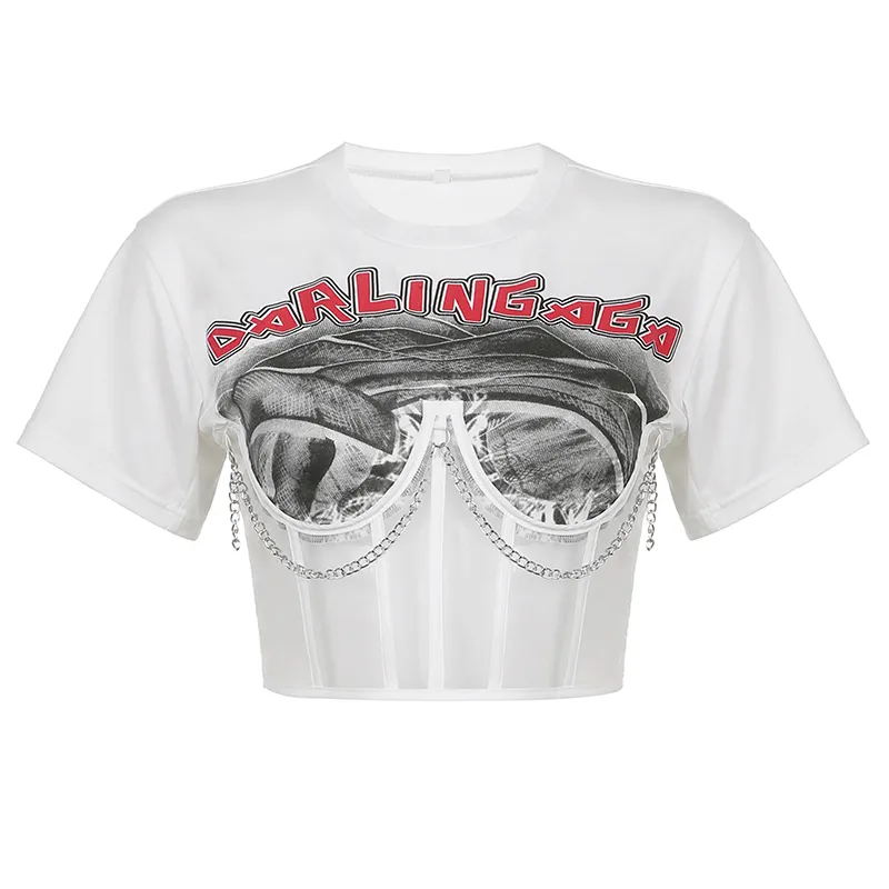 Metal Chain Mesh Print Fake Two Piece Punk Crop Top - White