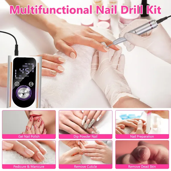 Portable Electric Nail Drill Bit 45000 RPM With 11 Bits Base Waist Clip Cordless Rechargeable Nail File Machine For Professional Salon Home Acrylic Nails Remove Nail Gel Polish Manicure 7
