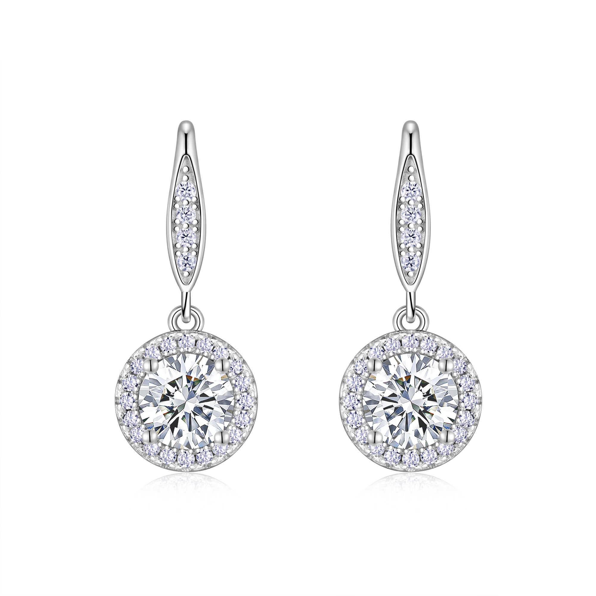 S925 Sterling Silver Halo Drop Earrings, 1ct D-VVS1 Moissanite, Lever Back Dangle With Pave Detail, Platinum Plated 3.3g, GRA Certificate Gift Box