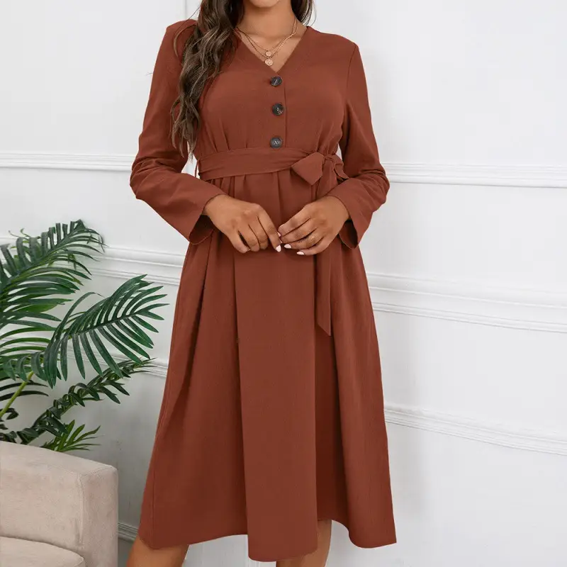 Bow Tie Tie Waist Slimming Single-breasted V-neck Long Sleeve Women