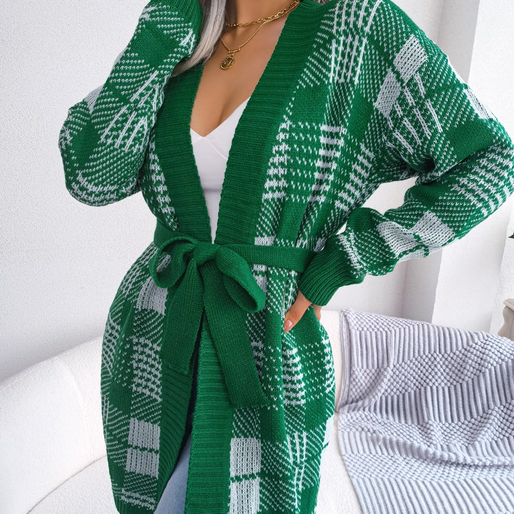 Plaid Straps Lantern Sleeves Casual Cardigan Sweater Jacket Green - Shop at LoveMi