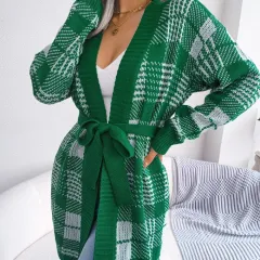 Plaid Straps Lantern Sleeves Casual Cardigan Sweater Jacket - Green - View 1
