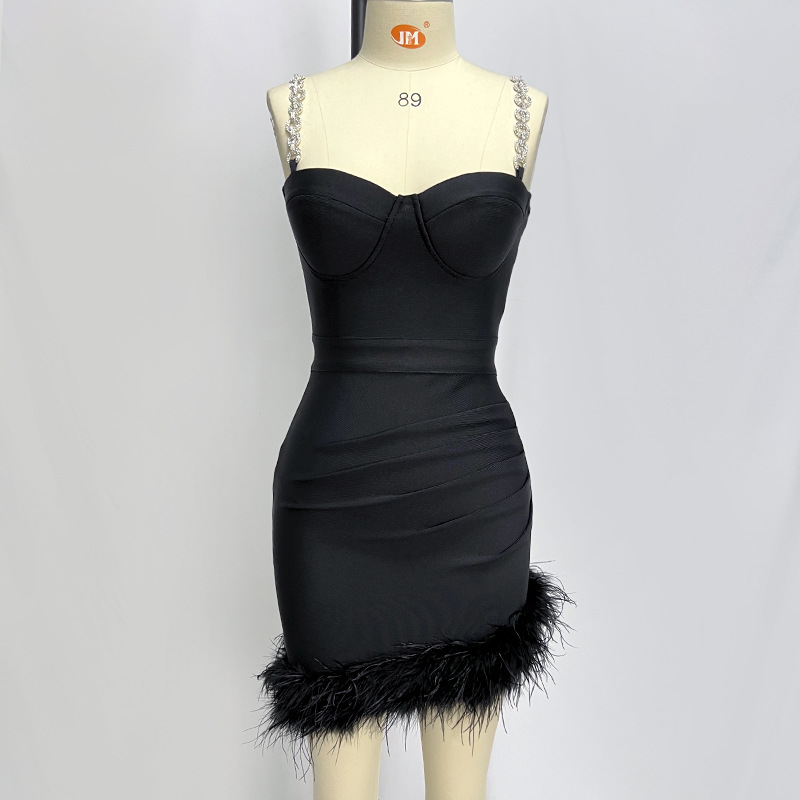 Title 3, Metal Strap Feather Bandage One-piece Dress