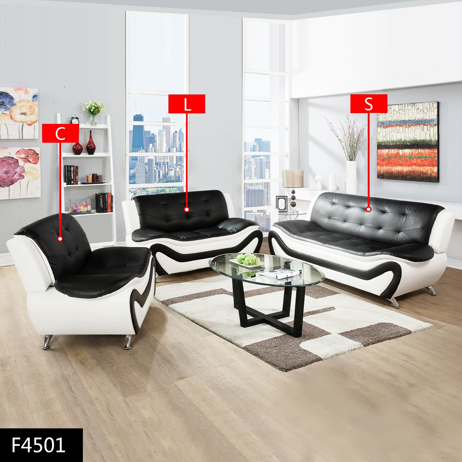 Pickup Only--Black & White Faux Leather 3-Piece Couch Living Room Sofa Set