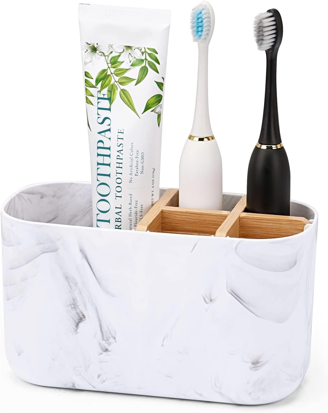Toothbrush And Toothpaste Holder With Bamboo Divider, Detachable Bathroom Countertop Organizer With Drainage And Anti Slip Base