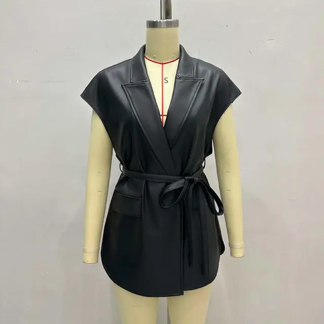 Women's Faux Leather Vest, Lapel Collar Sleeveless Casual Work Jacket With Belt Black - Shop at LoveMi