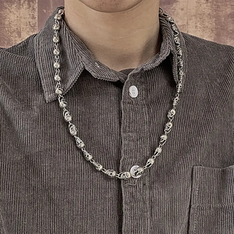 S925 Silver Pure Skull Necklace Retro Street Personality