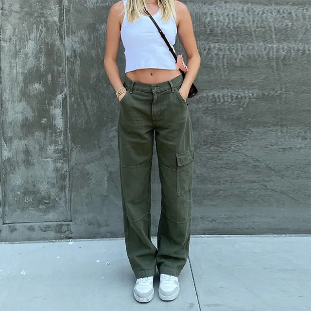 Casual Straight Solid Color Pocket Panel Cargo Trousers Dark Green - Shop at LoveMi