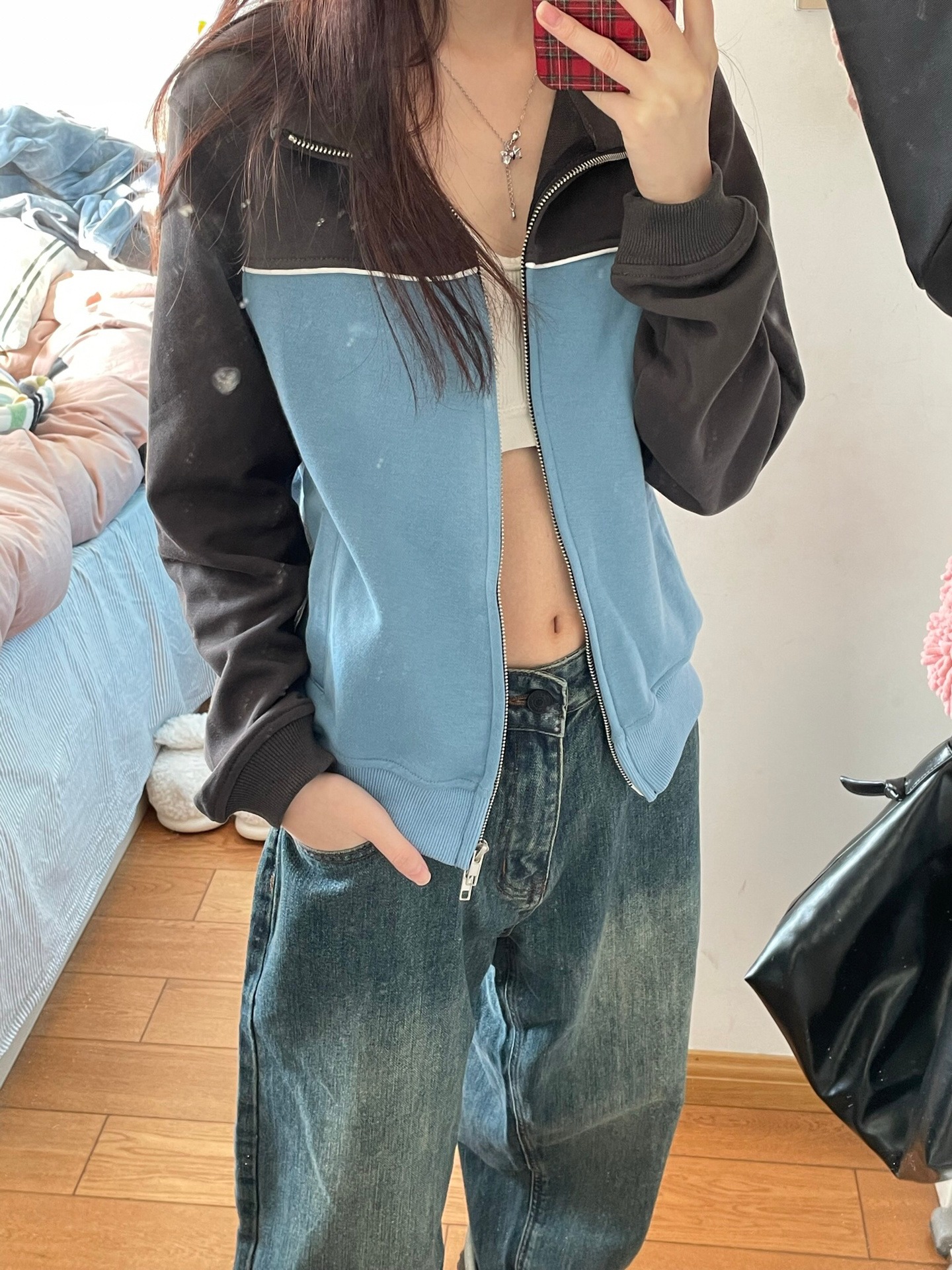 American Retro Colored Mosaic Stand Collar Zipper Short Sweatshirt Cardigan Tan - Shop at LoveMi