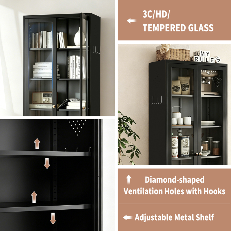 Metal Kitchen Pantry Cabinet - 72in Tall Storage W 5 Adjustable Shelves, Black Freestanding Unit For Kitchen Pantry & Living Room 2
