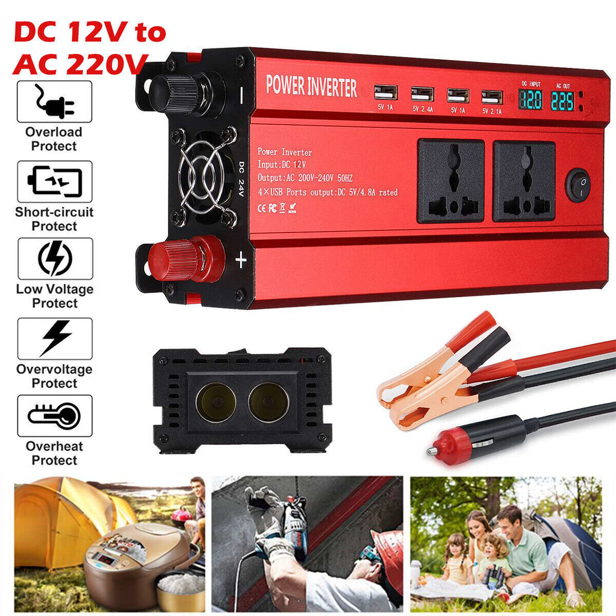 6000W Car Power Inverter Converter DC 12V To AC 240V 4 USB 2 UK Socket Sine Wave