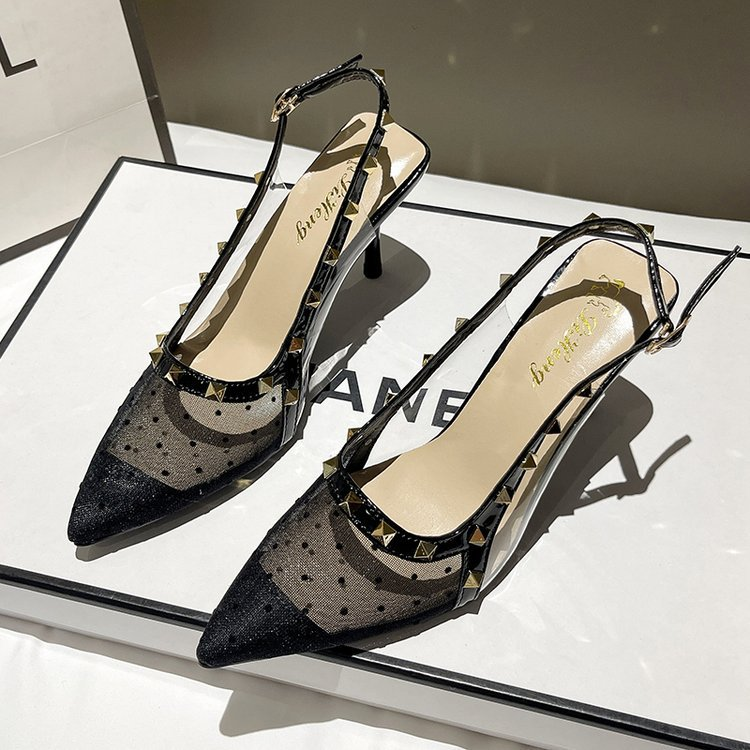 Women's Polka Dot Mesh Studded Pointed Toe Slingback Stiletto Sandals