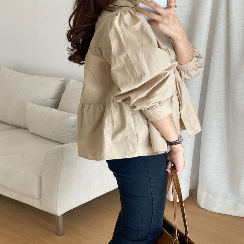 Loose Pleated Stitching Versatile Lapel Puff-sleeve Shirt