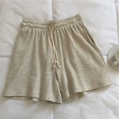 Waffle Fabric Cotton Shorts Women's High Waist A line Wide leg Hot Pants Creamywhite - Shop at LoveMi