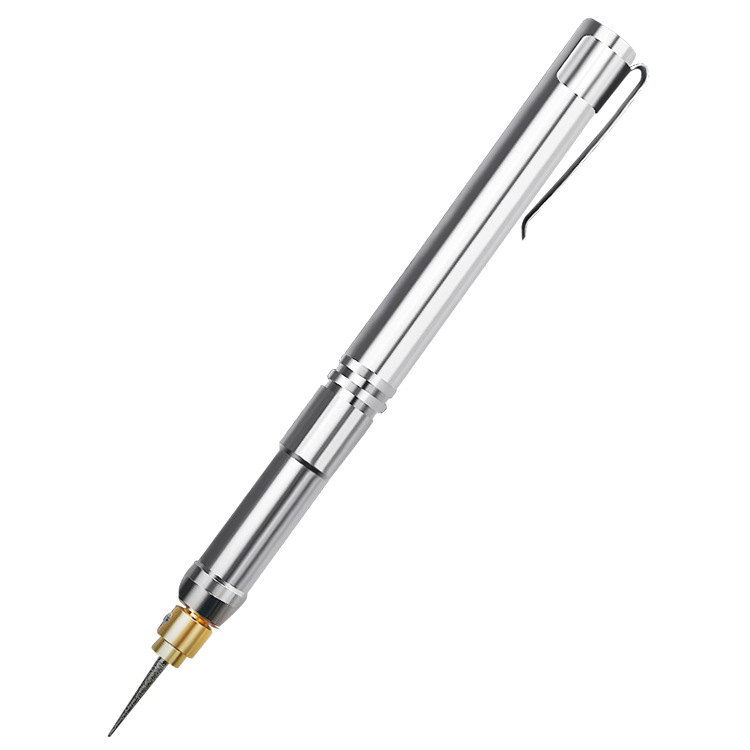 Stainless steel high-speed engraving pen with fine-point needle bit, pen-style design for precision detailing in crafting, jewelry, and DIY projects.