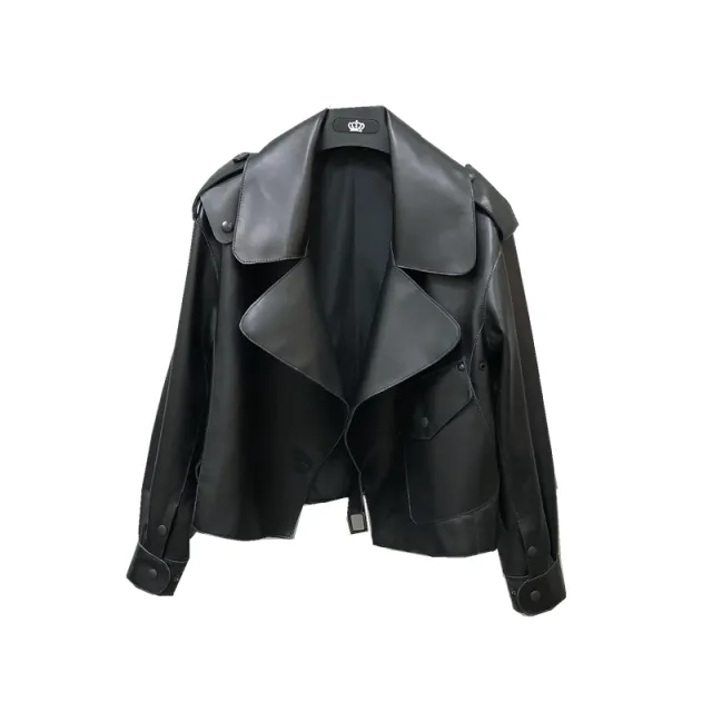 Women's Short Loose Small Leather Jacket Black - Shop at LoveMi