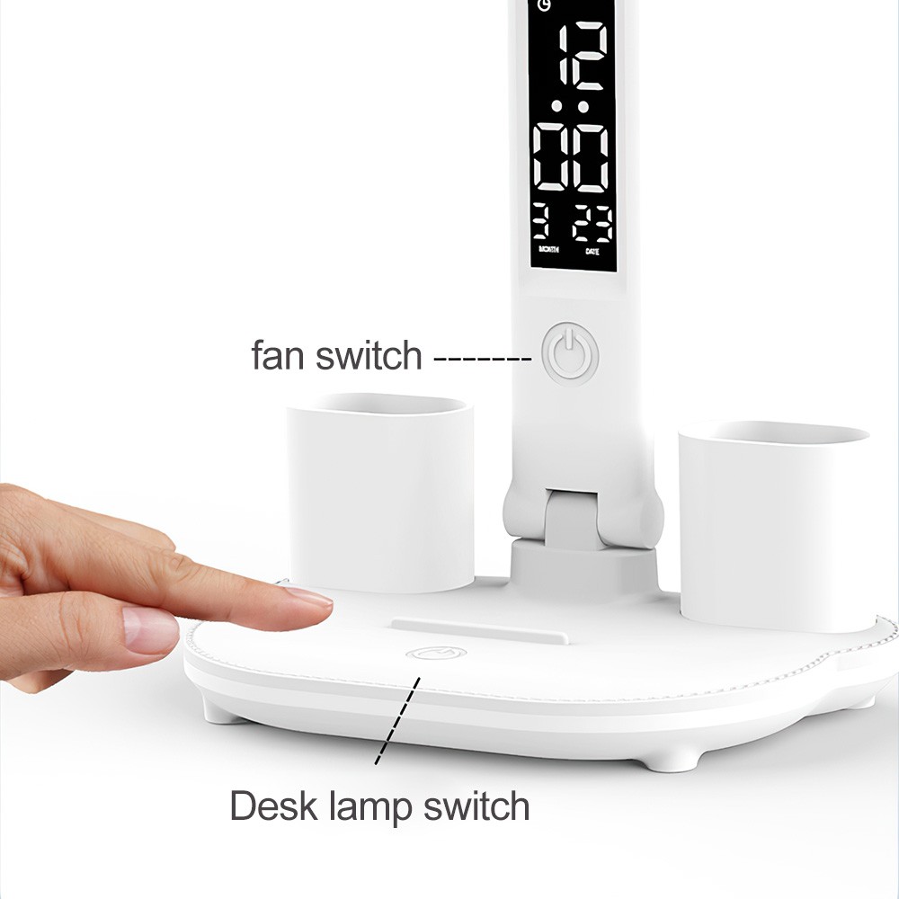 4-Head LED Desk Reading Lamp With Fan Clock Dimmable Rechargeable Touch Light — image 2