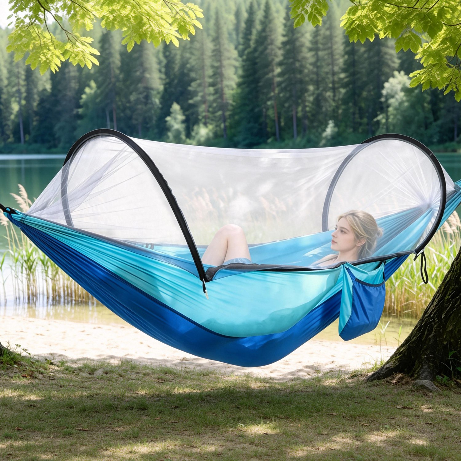 1Pc  Camping Hammock With Mosquito Net Portable Hammock Tent With Built In Mosquito Net Dual Way Zippers 440lbs Capacity Attached Storage Pocket For Outdoor Travel Camping Hiking Backpacking
