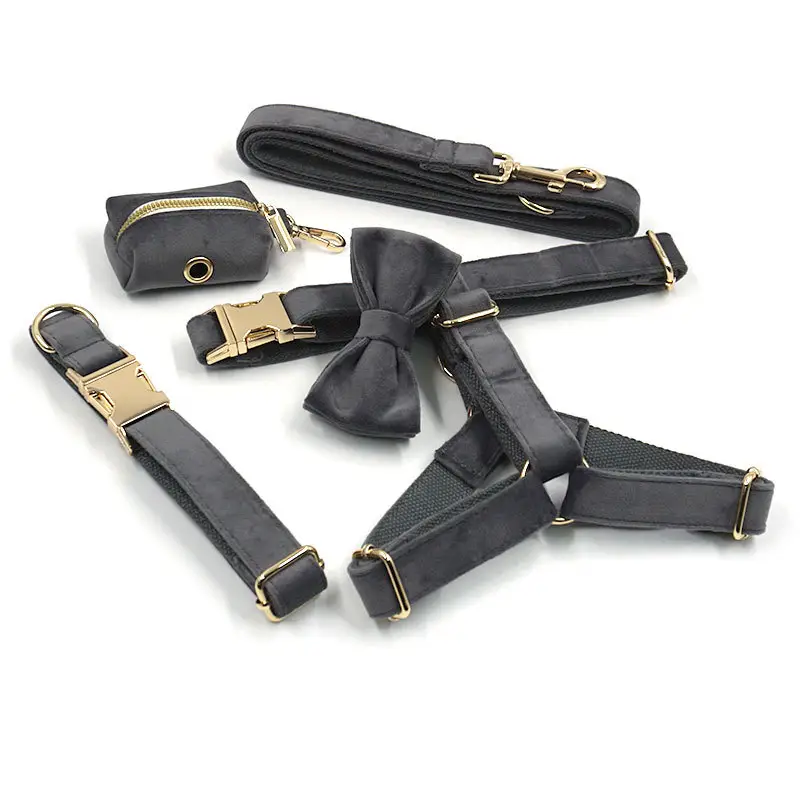 Dark Grey Velvet Pet Collar Leash