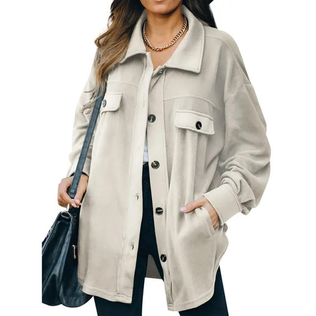 New Lapel Fleece breasted Cardigan Jacket Shirt Apricot - Shop at LoveMi