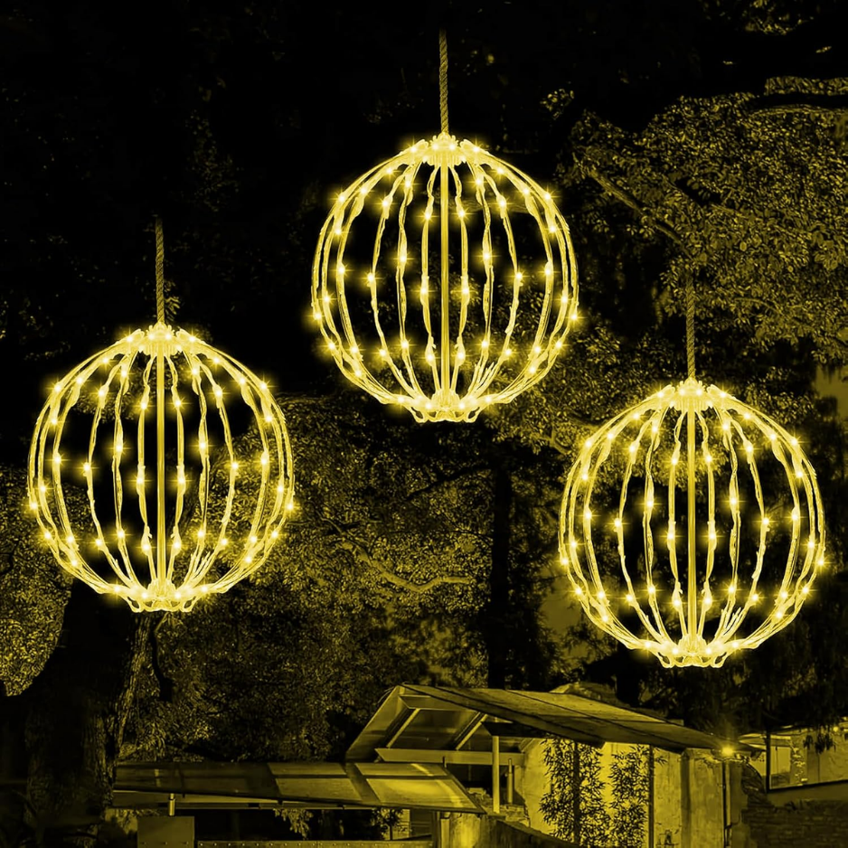 Set Of 3 Christmas Light Balls, 12 In Warm White Hanging Holiday Decor Fold Flat Metal Frames, Indoor Outdoor Use 2