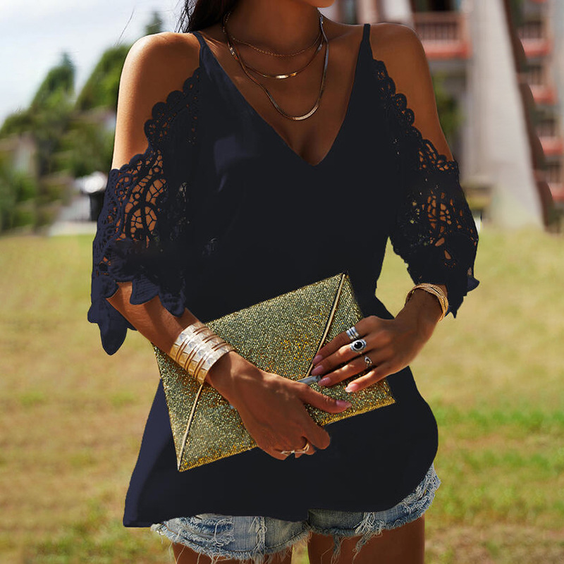 Women's V-Neck Solid Color Sling Loose Casual T-Shirt