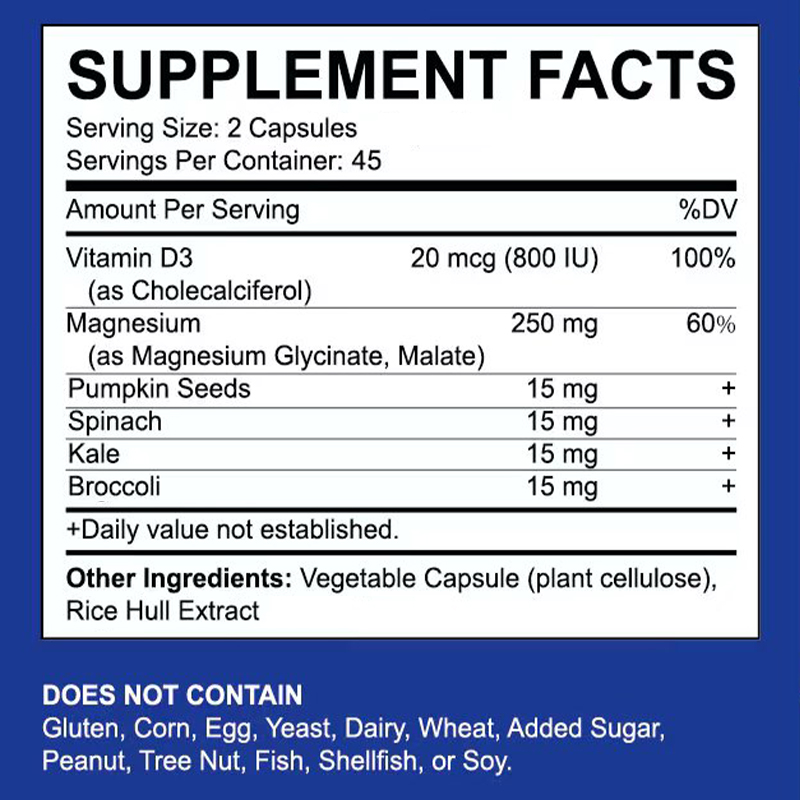 Magnesium Complex with Vitamin D, 120 Capsules. MAX ABSORPTION MAGNESIUM & VITAMIN D3: Our magnesium pills combine 250mg of magnesium Glycinate & Malate, 800 IU of Vitamin D3, and magnesium-rich veggies like spinach in easy-to-swallow capsules. Magnesium 